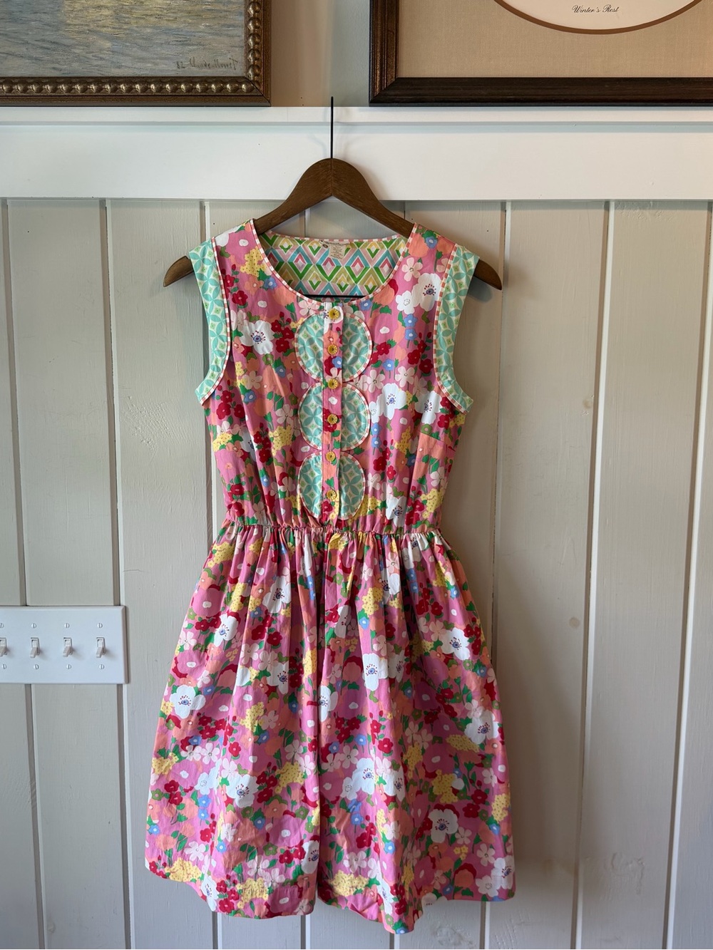 NWOT Women’s Matilda Jane Pink Floral Sleeveless Dress w/ Mint Trim, Size Small